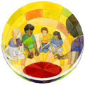 Mural of children listening together