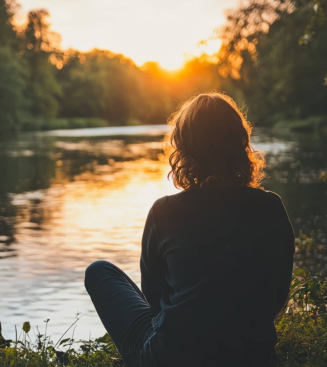 Woman sitting lakeside watching the sunset