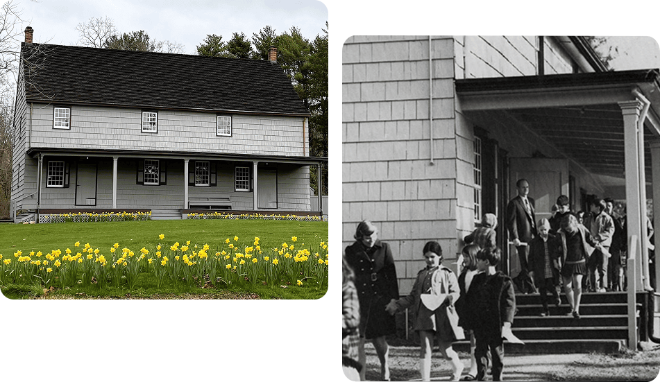 Modern day meeting house and historical photo of meeting house with members outside