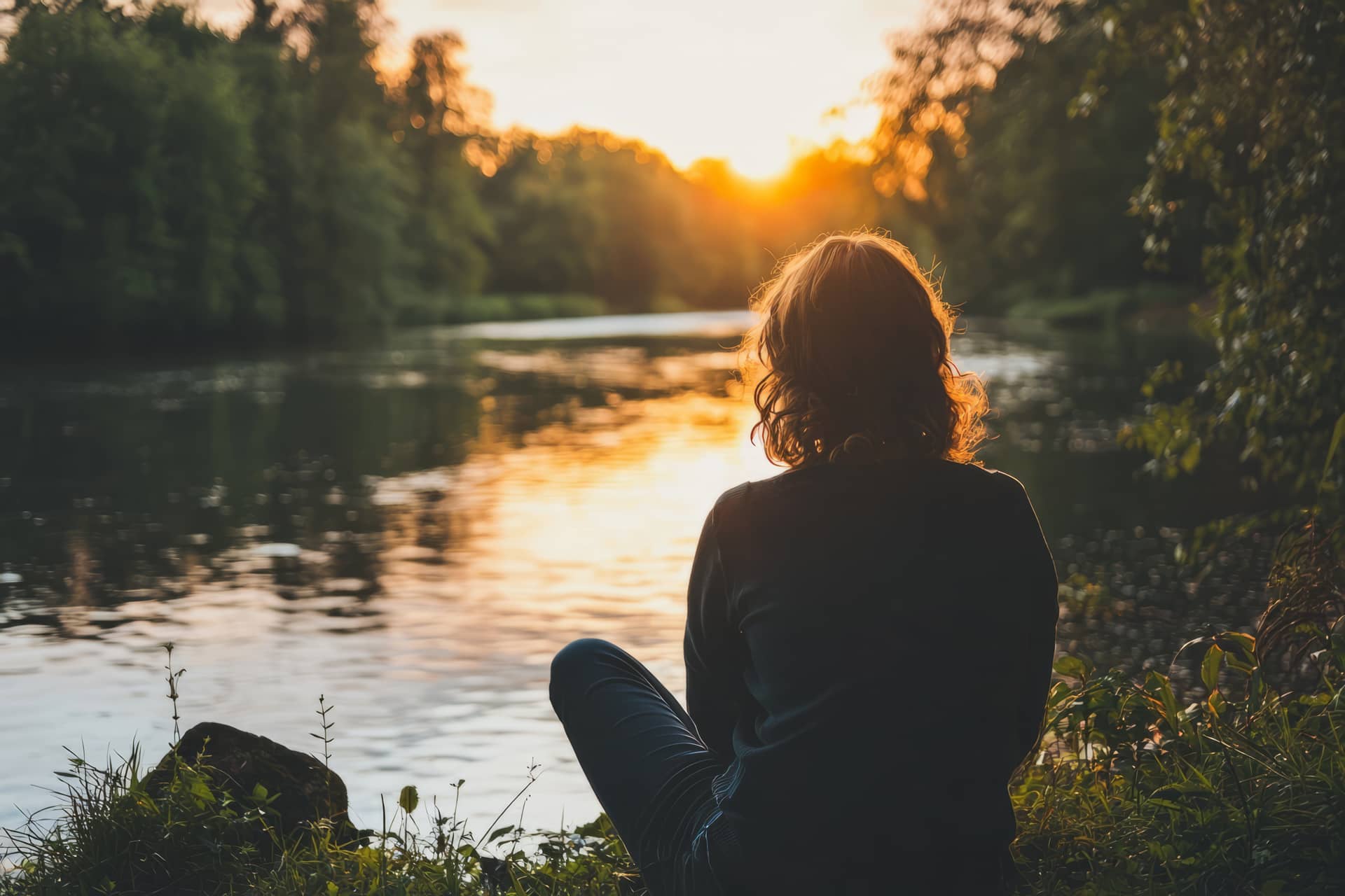 Woman sitting lakeside watching the sunset